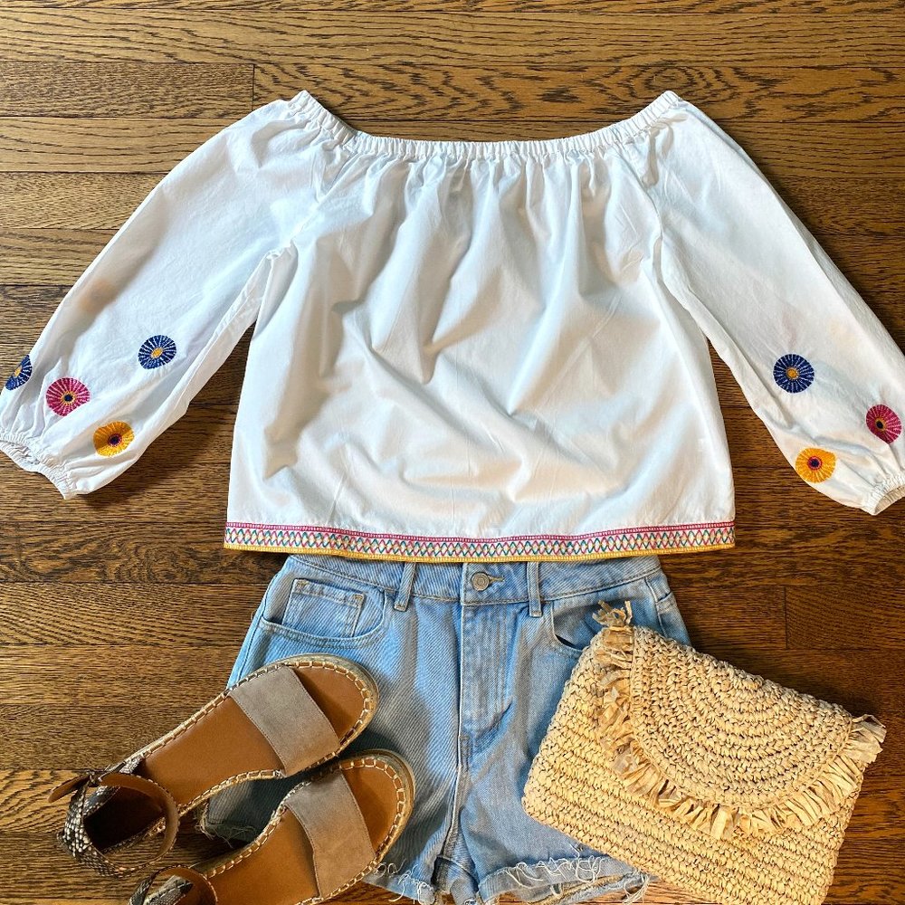 Madewell embroidered off-the-shoulder cotton top